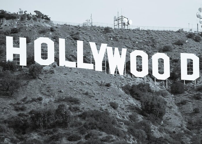 Hollywood Sign Greeting Card featuring the photograph The Famous Hollywood Sign in Hollywood California in Black and White #1 by Gregory Ballos