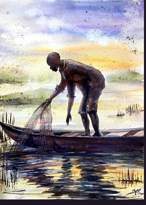 Fisherman Greeting Card featuring the painting The fisherman #1 by Katerina Kovatcheva