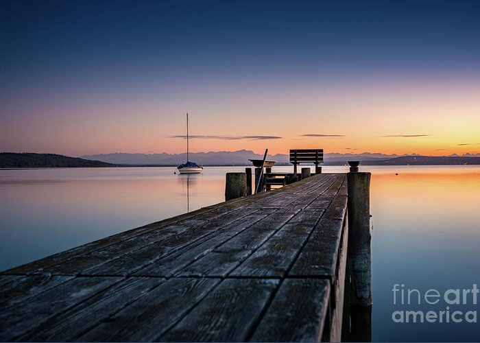 Ammersee Greeting Card featuring the photograph The jetty to sunset by Hannes Cmarits