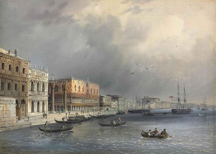 Carlo Grubacs Greeting Card featuring the painting The Library and the Ducal Palace from the Riva degli Schiavoni #1 by Carlo Grubacs