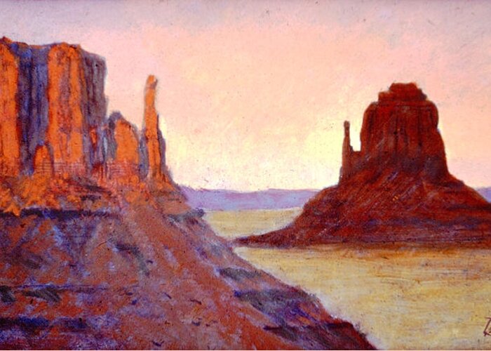 Canyonlands Of The Desert Southwest Greeting Card featuring the painting The Mittens #1 by David Zimmerman