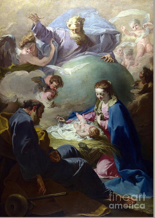 Christmas Greeting Card featuring the painting The Nativity with God the Father and the Holy Ghost by Giovanni Battista Pittoni