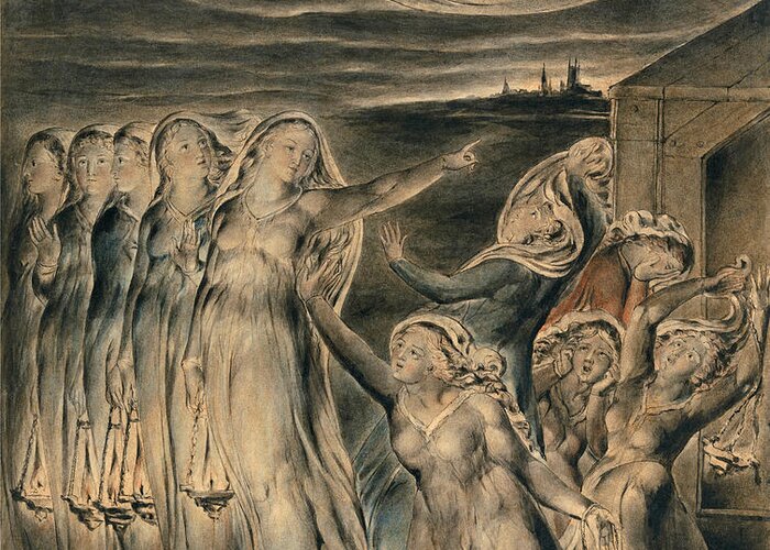 William Blake Greeting Card featuring the drawing The Parable of the Wise and Foolish Virgins by William Blake