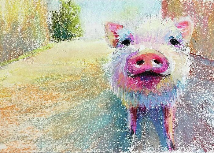 Pig Greeting Card featuring the painting This Little Piggy #1 by Susan Jenkins