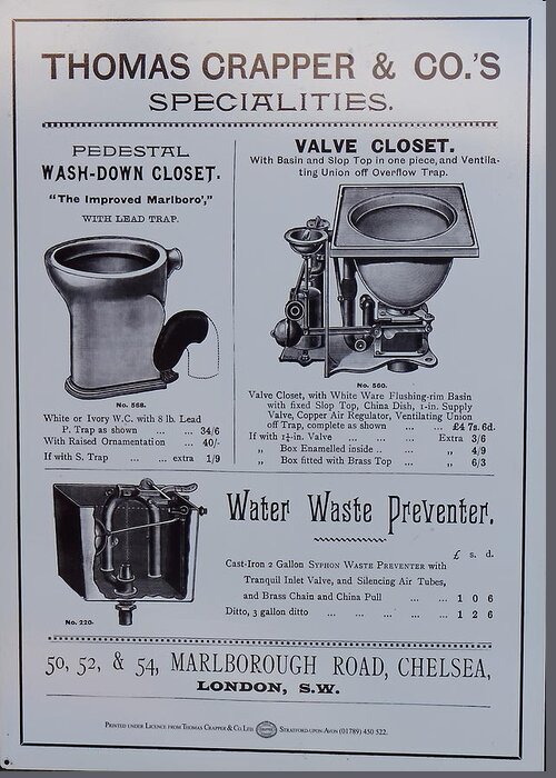Poster Sign Advert Promotion Price List Victorian Wc Plumbing Equipment Toilet Water Closet Chelsea London Pounds Shillings Pence Greeting Card featuring the photograph Thomas Crapper Water Closet Poster #1 by Jeff Townsend