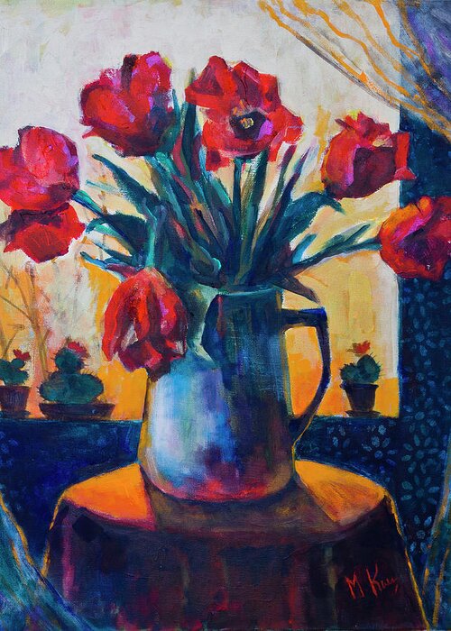  Greeting Card featuring the painting Tulips and cacti #1 by Maxim Komissarchik