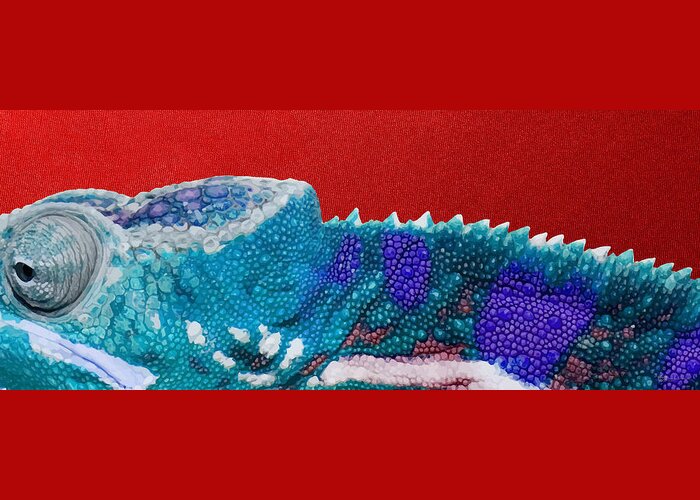 beasts Greeting Card featuring the photograph Turquoise Chameleon on Red #1 by Serge Averbukh