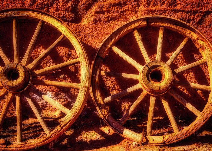 Broke Greeting Card featuring the photograph Two Old Wagon Wheels #1 by Garry Gay