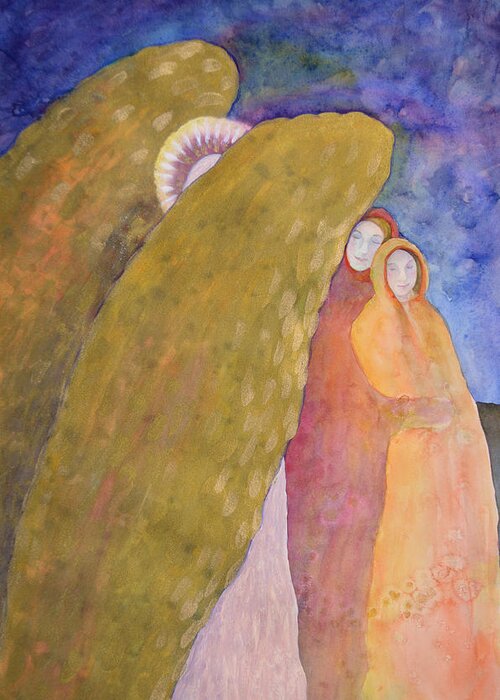 Angel Greeting Card featuring the painting Under The Wing Of An Angel by Lynda Hoffman-Snodgrass