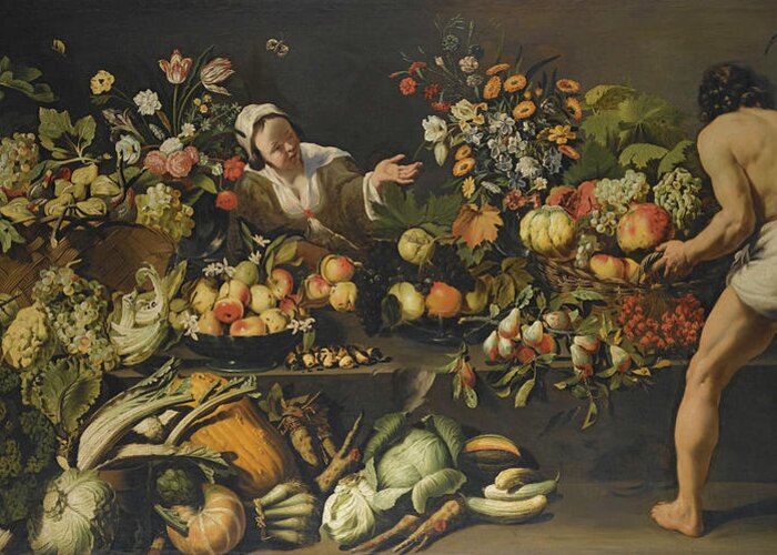Italo - Flemish School Greeting Card featuring the painting Vegetables And Flowers Arranged #1 by MotionAge Designs
