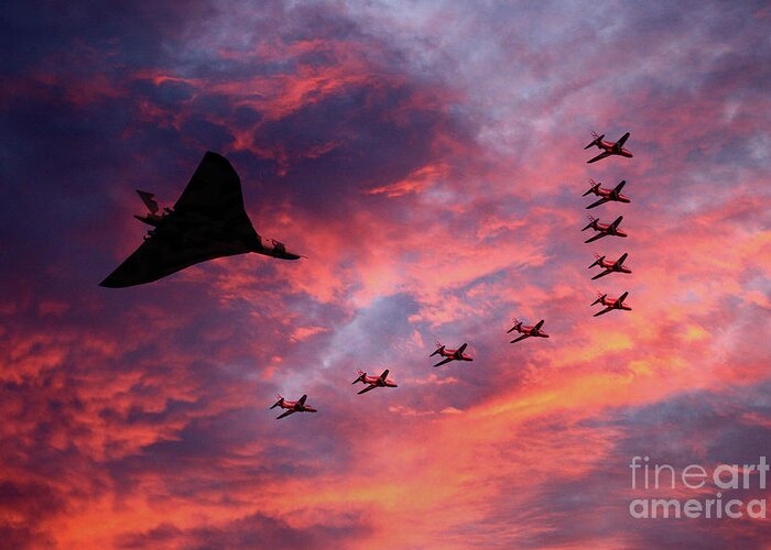 Avro Vulcan Bomber Xh558 Sunset Formation With The Red Arrows Greeting Card featuring the digital art Vulcan XH558 and Red Arrows by Airpower Art