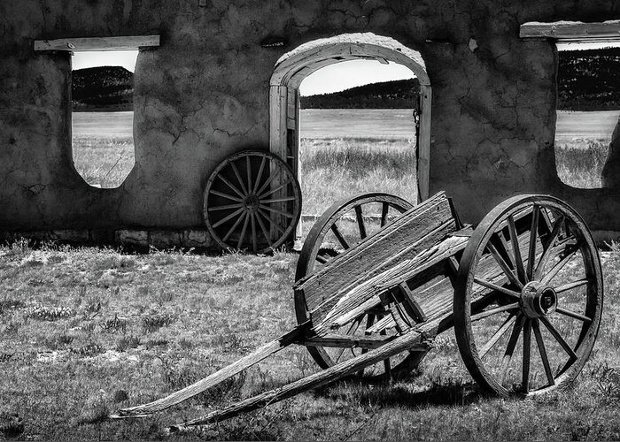 New Mexico Greeting Card featuring the photograph Wagon Wheels in bw by James Barber