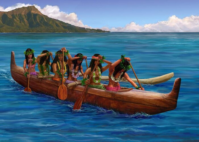 Hawaii Greeting Card featuring the painting Wahine Hawaiian Canoe Paddlers by Stephen Jorgensen