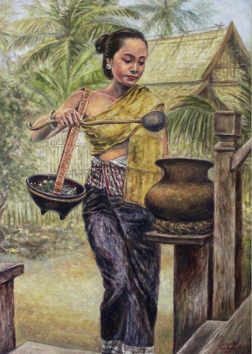 Luang Prabang Greeting Card featuring the painting Another Hot Day by Sompaseuth Chounlamany