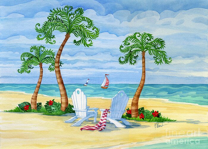 Whimsy Greeting Card featuring the painting Whimsy Bay Adirondack Chairs #1 by Paul Brent