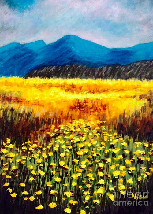 #desert #landscapes #flowers #wildflowers #mountains Greeting Card featuring the painting Wildflowers #1 by Allison Constantino