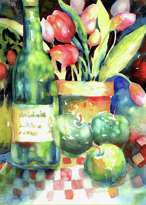 Watercolor Greeting Card featuring the painting Wine And Tulips #1 by Ann Nicholson