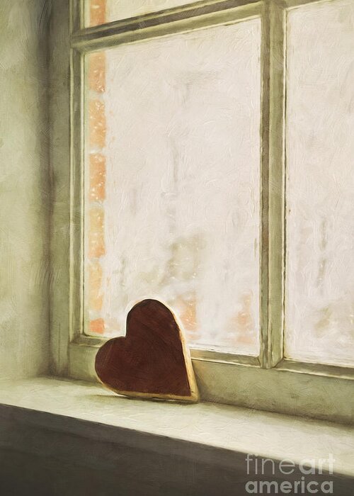 Sill Greeting Card featuring the photograph Wooden heart on a window sill #1 by Sandra Cunningham