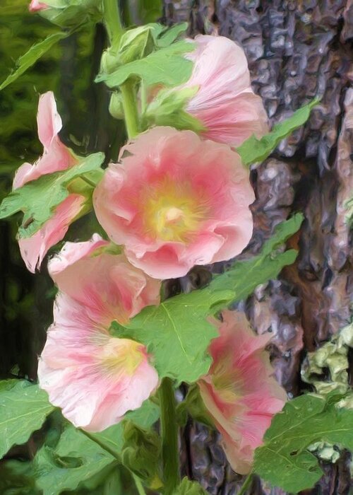 Photographs Greeting Card featuring the painting Woodland Hollyhocks #1 by Liz Evensen