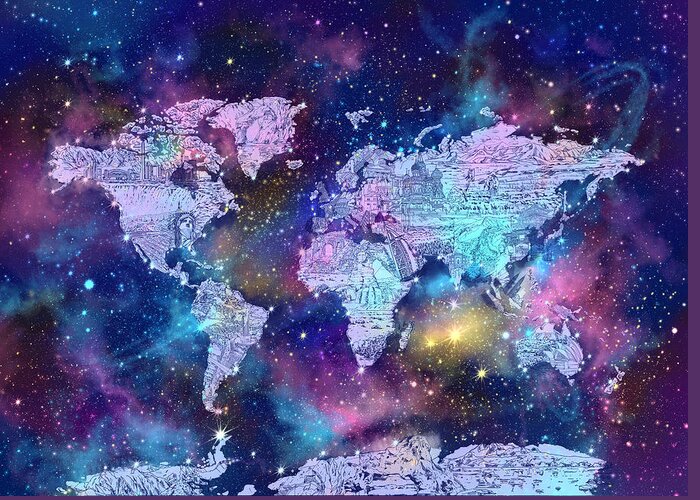 World Map Greeting Card featuring the painting World Map Galaxy 9 #1 by Bekim M