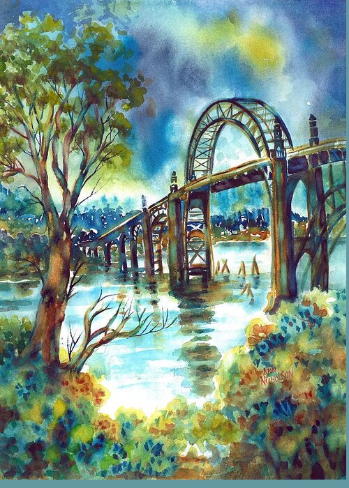Newport Greeting Card featuring the painting Yaquina Bay Bridge by Ann Nicholson