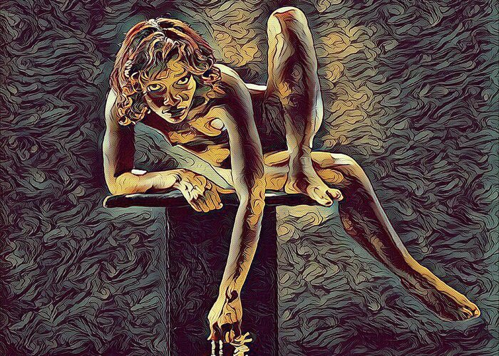 Fine Art Nude Greeting Card featuring the digital art 1003s-ZAC Necklace of Bones Held by Beautiful Nude Dancer by Chris Maher