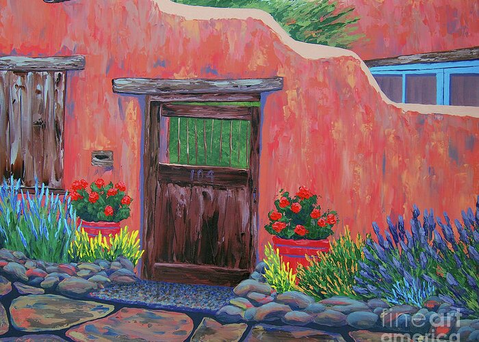 Southwest Greeting Card featuring the painting 104 Canyon Rd, Santa Fe by Cheryl Fecht