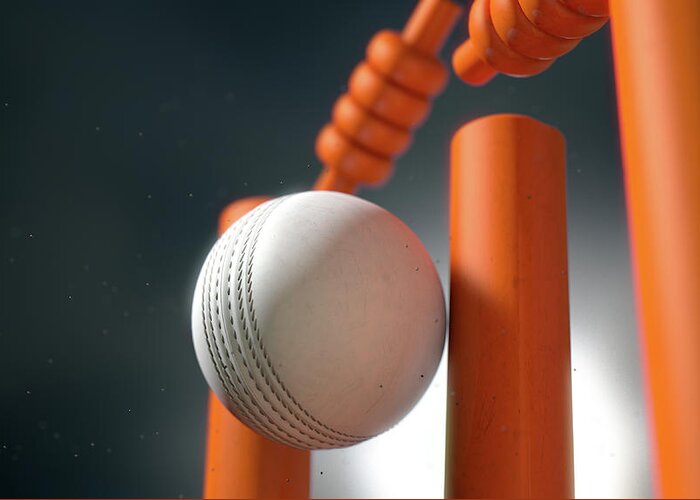 Action Greeting Card featuring the digital art Cricket Ball Hitting Wickets #11 by Allan Swart