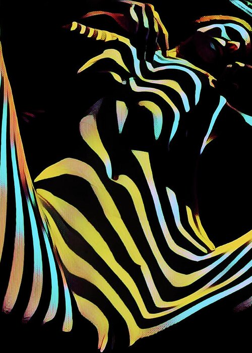 Colorful Greeting Card featuring the digital art 1149s-AK Dramatic Zebra Striped Woman Rendered in Composition Style by Chris Maher