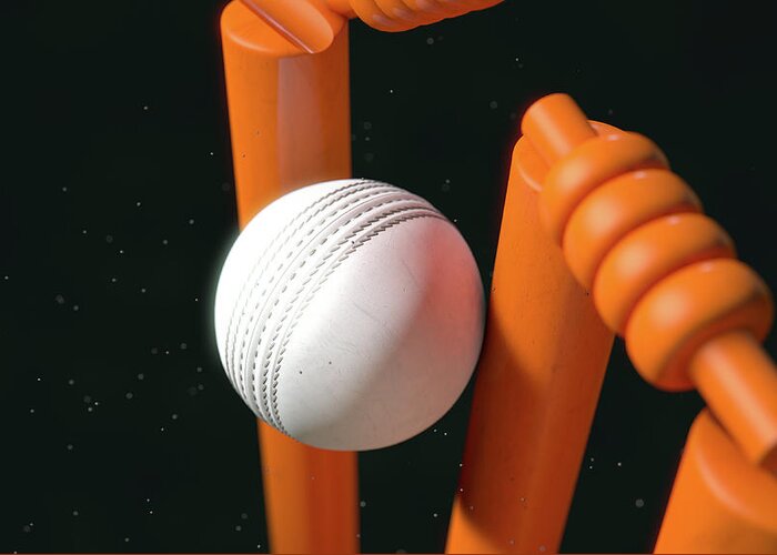 Action Greeting Card featuring the digital art Cricket Ball Hitting Wickets #15 by Allan Swart