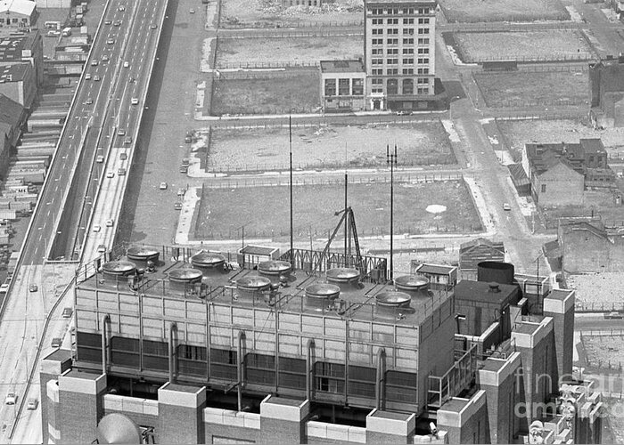 World Trade Center Construction Black And White View From Tower 1967 Greeting Card featuring the photograph World Trade Center under construction 1967 #14 by Bob Bennett
