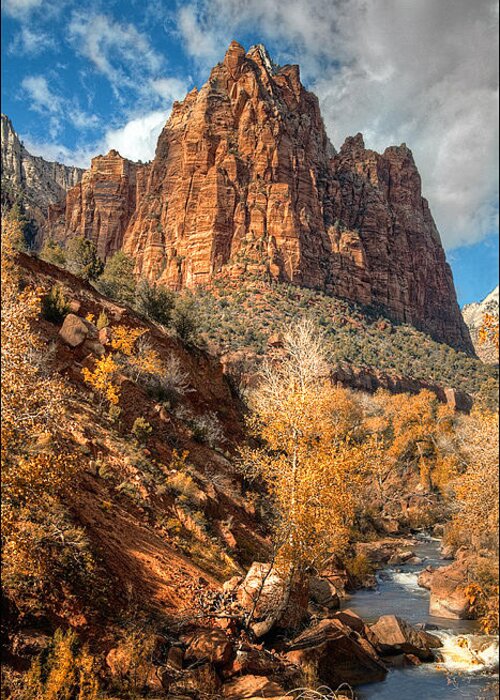 Zion National Park; Virgin River; Utah; Desert; Ut; Southwest; Southwestern; Landscape; Canyon; Court Of The Patriarchs; Formation; Geology; Geological; Formations; Sandstone; Cliff; Cliffs; Rocks; Rocky; Stone; Butte; Buttes; Mesa; Mesas; Towering; Vertical; Rugged; Isolated; Wilderness; Slickrock; Tourism; Tourist; Travel; Scenery; Scenic; Cottonwood; Trees; Cottonwoods Greeting Card featuring the photograph Zion National Park #16 by Douglas Pulsipher