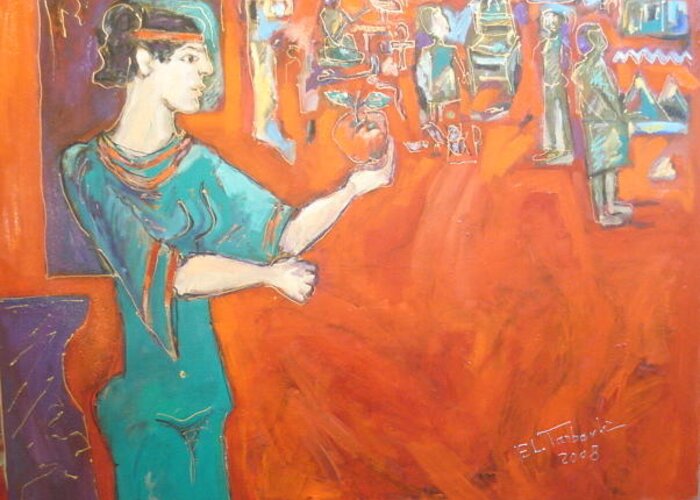 People-abstract-women-expressionistic Greeting Card featuring the painting Painting #18 by Ibrahim El tanbouli