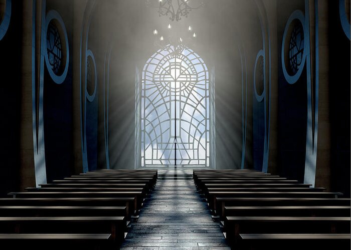 Church Greeting Card featuring the digital art Stained Glass Window Church #18 by Allan Swart