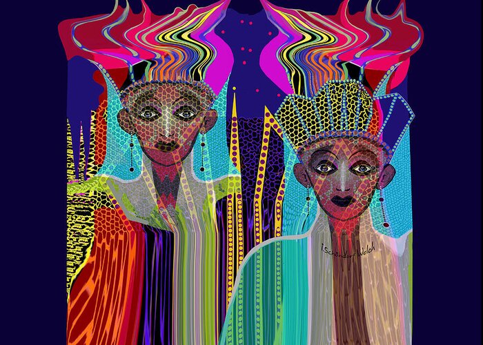 1800 Greeting Card featuring the digital art 1800 - Magic Ladies -2017 by Irmgard Schoendorf Welch