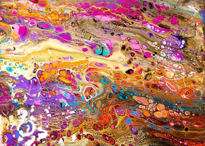 Contemporary Original Abstract Poured Gold Swiped Acrylic Painting Lots Of Texture And Pops Of Vibrant Colorful Fun Greeting Card featuring the painting #181 A Pour Before Gold Swipe #181 by Priscilla Batzell Expressionist Art Studio Gallery