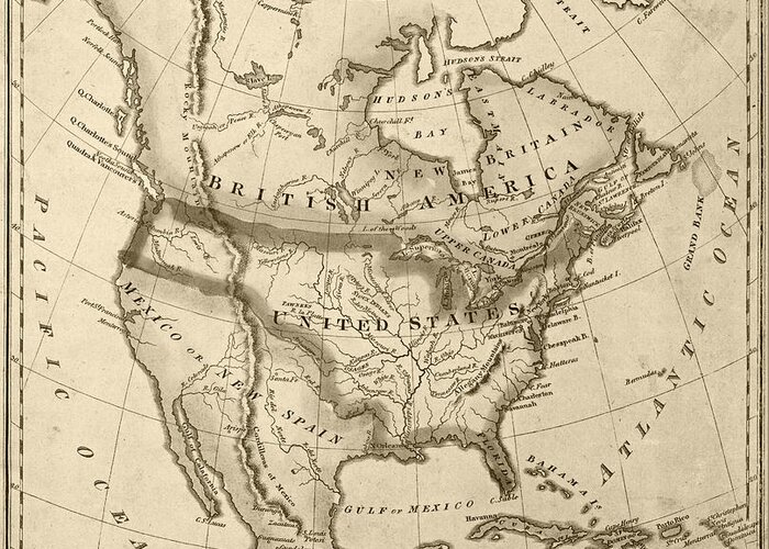 1822 Greeting Card featuring the digital art 1822 Map of North America Sepia by Toby McGuire