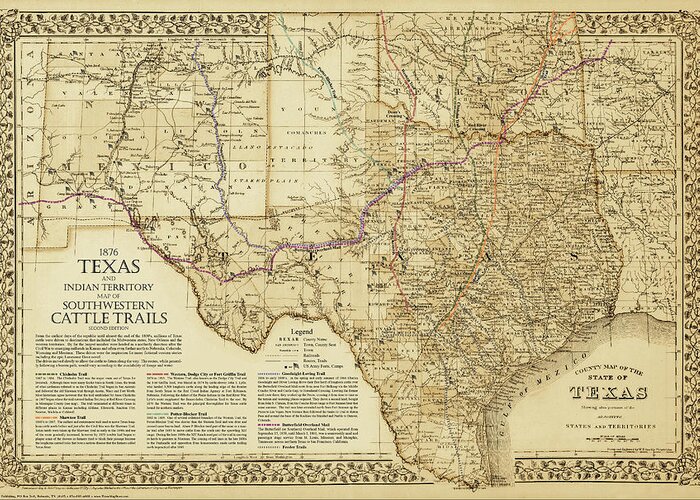 Cattle Trails Map Greeting Card featuring the digital art 1876 Great Texas and Southwestern Cattle Trails Map by Texas Map Store