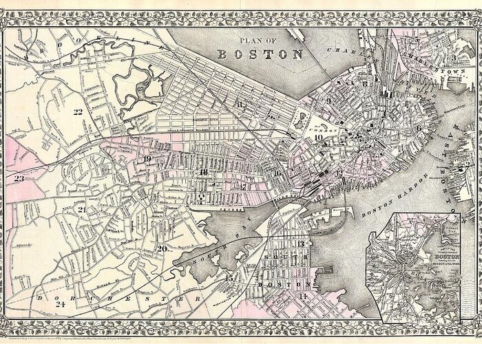 1879 Mitchell Map Of Boston Greeting Card featuring the photograph 1879 Mitchell Map of Boston Massachusetts by Paul Fearn