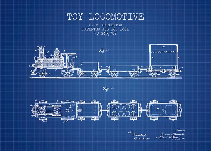 Train Greeting Card featuring the digital art 1881 Toy Locomotive Patent - blueprint by Aged Pixel