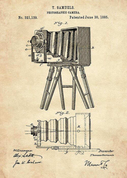 Patent Greeting Card featuring the digital art 1885 Camera US Patent Invention Drawing - Vintage Tan by Todd Aaron