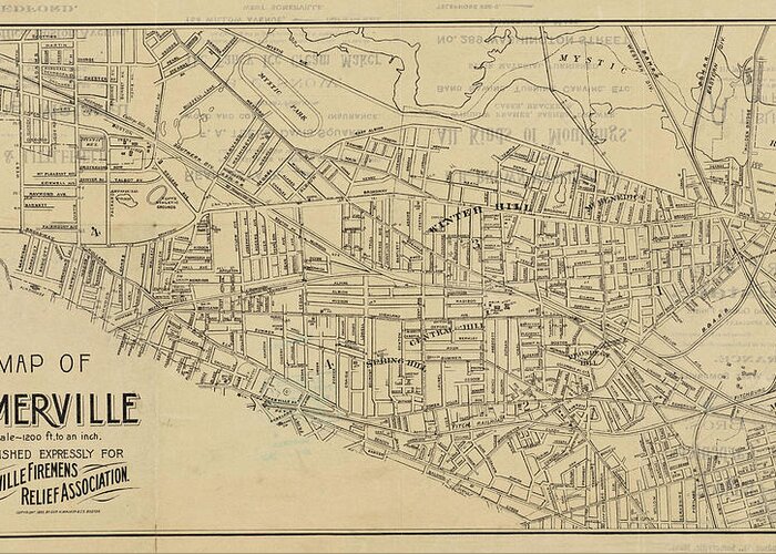 Somerville Greeting Card featuring the digital art 1895 Map of Somerville MA Detailed Historical Map by Toby McGuire