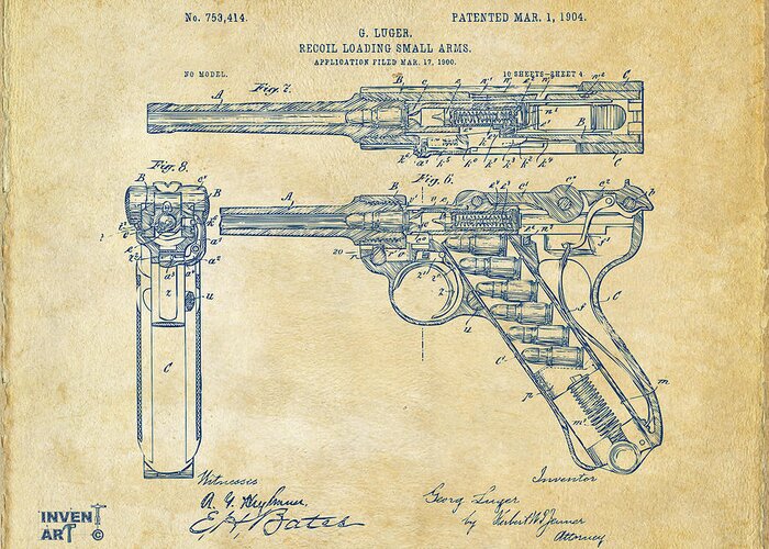 Luger Greeting Card featuring the digital art 1904 Luger Recoil Loading Small Arms Patent - Vintage by Nikki Marie Smith
