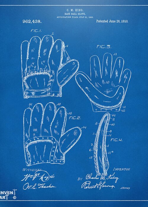 Baseball Greeting Card featuring the digital art 1910 Baseball Glove Patent Artwork Blueprint by Nikki Marie Smith