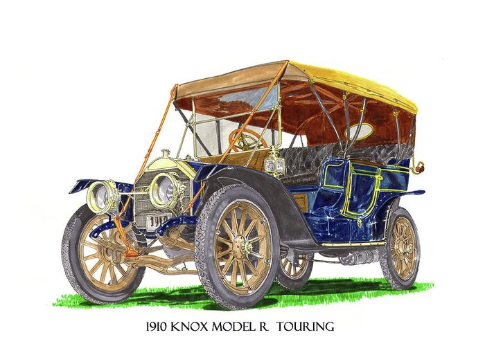 A Watercolor Painting Of A 1910 Knox Model R Greeting Card featuring the painting 1910 Knox Model R 5 Passenger Touring Automobile by Jack Pumphrey