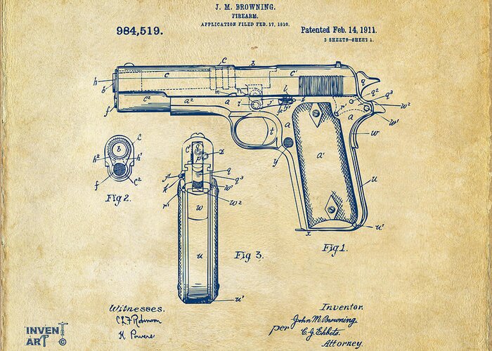 Colt 45 Greeting Card featuring the digital art 1911 Colt 45 Browning Firearm Patent Artwork Vintage by Nikki Marie Smith