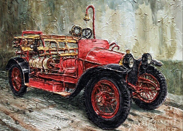 Fire Engine Greeting Card featuring the painting 1912 Porsche Fire Truck by Joey Agbayani