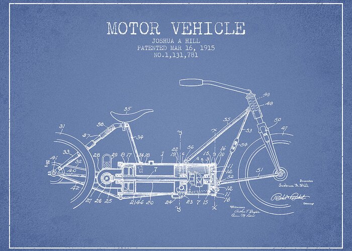 Motorcycle Greeting Card featuring the digital art 1915 Motor Vehicle Patent - light blue by Aged Pixel