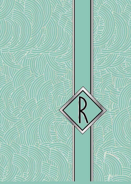 Monogrammed Greeting Card featuring the digital art 1920s Blue Deco Jazz Swing Monogram ...letter R by Cecely Bloom