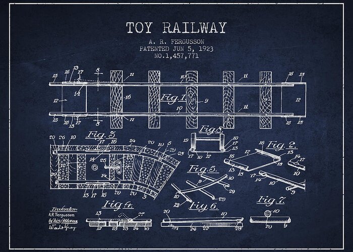 Train Greeting Card featuring the digital art 1923 Toy Railway Patent - Navy Blue by Aged Pixel